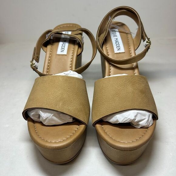 Steve Madden Womens 9.5 M Camel Nubuck Leather Welsh Wedge Heel Sandals NIB HX9 - Picture 3 of 4